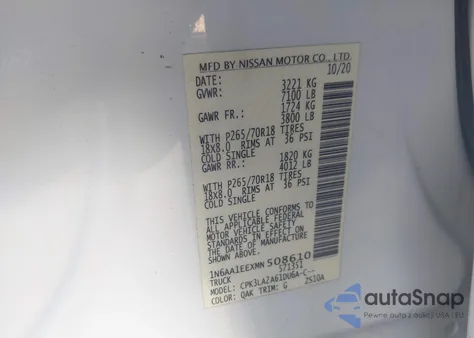 2021 Nissan Titan S 4X2 from USA, damaged, VIN 1N6AA1EEXMN508610